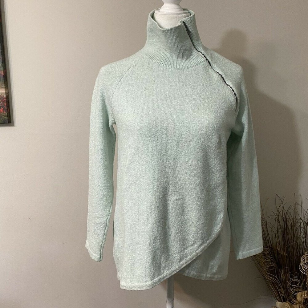 Soft Surroundings Asymmetrical Zip Mock Neck Sweater XS Mint Green Cotton Wool
